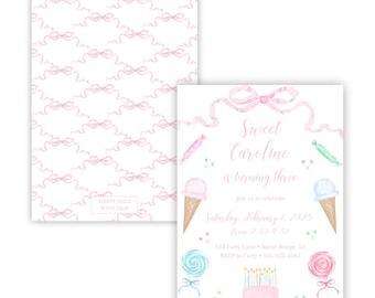 May include: A two-sided invitation with a pink bow and ribbon design. The front features the text "Sweet Caroline is turning three" with ice cream cones, lollipops, and a cake. The back has a repeating pattern of pink bows.