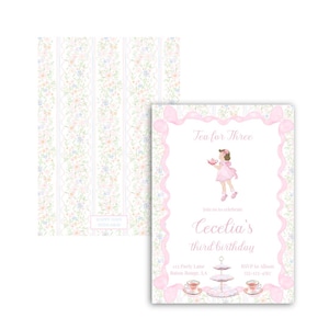 Tea for Three Birthday Invitation | Watercolor | Floral | Bows | Girl&#39;s Birthday Theme | Pink | Grandmillennial | Preppy | Printable Invite
