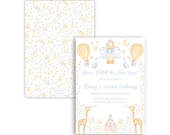 New Year Birthday Invitation | Cheers to the New Year | Watercolor | Boy's Birthday Theme | Blue | Grandmillennial | Preppy | Printable