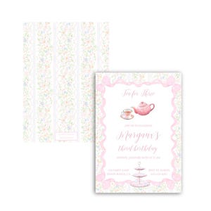 Tea for Three Birthday Invitation | Watercolor | Floral | Bows | Girl&#39;s Birthday Theme | Pink | Grandmillennial | Preppy | Printable Invite