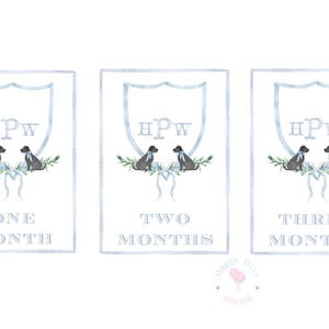 Aquarel Black Lab Monogram Crest mijlpaalkaarten | Blauw | Babyjongen | Mijlpaalfoto's | Digitaal | Aangepaste opties beschikbaar op aanvraag