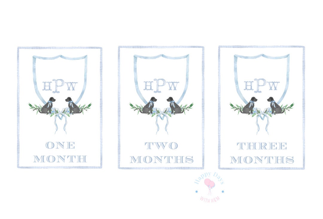 Watercolor Black Lab Monogram Crest Milestone Cards | Blue | Baby Boy ...