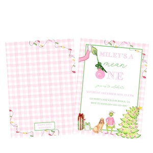 Invitación de cumpleaños de Mean One / Niña con cuadros rosas / Fiesta de cumpleaños con temática navideña / Imprimible / Invitación digital