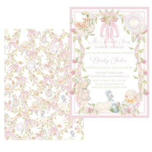 Könnte beinhalten: Eine rosa und weiße Babyparty-Einladung mit einem floralen Rand und einer Aquarell-Illustration einer Puppe, einer Ente und eines Eies. Der Text lautet "The Sweetest Story is About to Begin" und "Briley Stokes".
