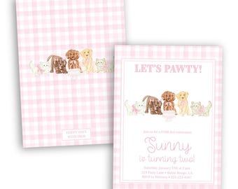 Pur-fect Pawty Birthday Invitation | Cat and Dog | Kittens and Pups | Girl | Pink Gingham | Preppy | Grandmillennial | Digital Invite