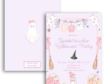 Può includere: Invito per una festa di Halloween lilla chiaro con un'illustrazione di fantasmi e il testo "Spook-tacular Halloween Party". L'invito include un cappello da strega, zucche e un gatto.