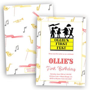 May include: A white invitation with a musical theme. The front features the text "Ollie's First Fest" in a yellow box, with a silhouette of children marching. The back has a pattern of musical instruments and ribbons. The invitation is for Ollie's First Birthday.