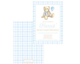 May include: A blue and white gingham patterned invitation for a first birthday party. The invitation features a cartoon teddy bear holding a blue balloon. The text on the invitation reads "Join us to celebrate Harris' Bear-y First Birthday, Saturday, April 20 at 2 pm, The Smith Home, 123 Party Lane, Baton Rouge, LA, Kindly RSVP to [phone number]"