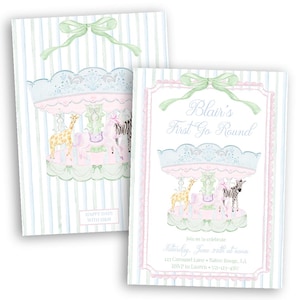 May include: Two invitations with a carousel design. The carousel features a giraffe, horse, and zebra, with a light blue and pink color scheme. The text reads "Blair's First Go Round" and includes event details.