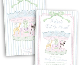 Pastel Animals Carousel Birthday Invitation | First Go Round | Watercolor | Girl | Grandmillennial | Pastel | Stripes | Invitation | Digital
