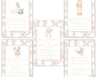 Pink Nursery Rhyme Table Cards | Hey Diddle Diddle | Humpty Dumpty | Mother Goose | Nursery Decor | Baby Shower Decor | Grandmillennial