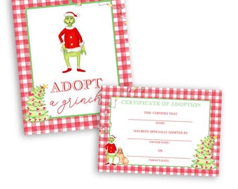 Adopt A Grinch Sign | Grinch Signage | Watercolor | Christmas Birthday Theme | Red | Grandmillennial | Preppy