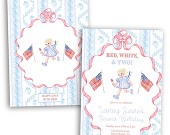 faire-part d'anniversaire rouge, blanc et DEUX | Thème américain | Fille | Anniversaire du 4 juillet | Modifiable | Impression à domicile | Preppy | Patriotique