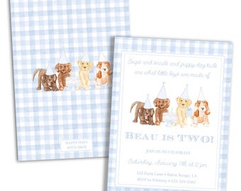 Snips and Snails and Puppy Dog Tails Birthday Invitation | Boy | Blue Gingham | Watercolor | Preppy | Grandmillennial | Digital Invite