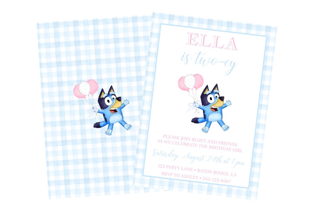 Bluey Birthday Invitation | Watercolor | Girl's Birthday Theme | Pink | Blue | Balloons | Grandmillennial | Preppy | Printable Invite