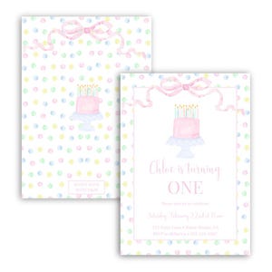 Pastel Dots Birthday Invitation | Cake | Bows | Pastel | Polka Dot | Girl | Preppy | Watercolor | Pastel | Grandmillennial | Digital Invite