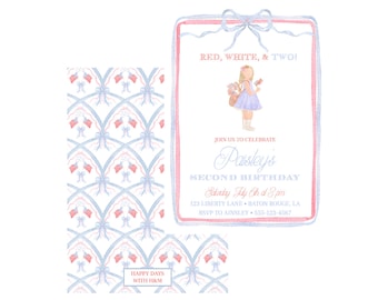 May include: A watercolor invitation for a second birthday party with a red, white, and blue theme. The invitation features a girl holding a basket of flowers and the text "Red, White, & Two!"  "Join us to celebrate Paisley's Second Birthday Saturday July 6th at 2pm 123 Liberty Lane Baton Rouge, LA RSVP to Ainsley 555-123-4567"