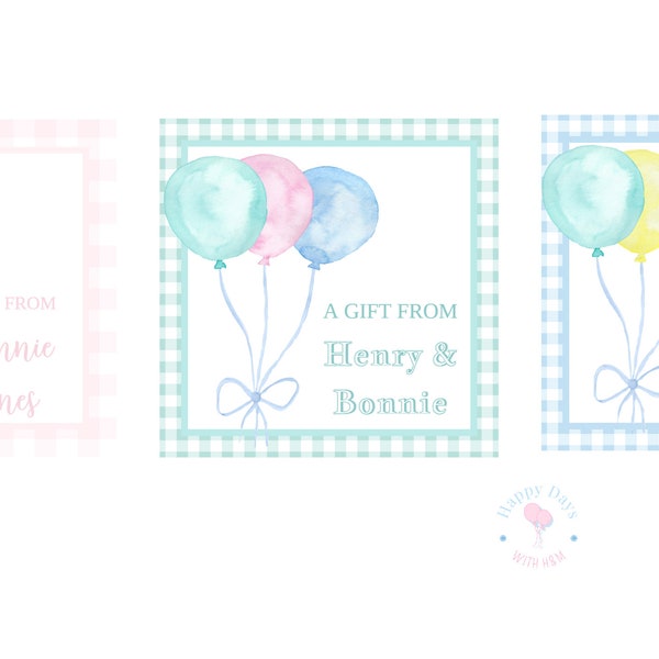 Balloon Birthday Gift Tags | Girl | Boy | Pink | Blue | Green | Enclosure Cards | Printable | Digital | Editable | Watercolor | Birthday