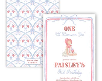 May include: A set of invitations with a patriotic theme. The invitation features a watercolor illustration of a baby girl and text that reads "ONE All American Girl" and "Paisley's First Birthday". The back of the invitation has a pattern of flags and bows.