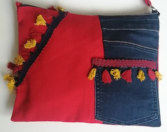 Faded Denim pouch, upcycled denim bag, handmade, bohemian bag, colorful, autontaic