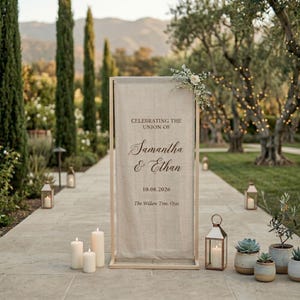 Op de afbeelding: Een trouwteken met de tekst "Celebrating the Union of Samantha & Ethan" en de datum 10.08.2026. Het teken is omlijst in licht hout en versierd met bloemen. Kaarsen en lantaarns zijn geplaatst langs een stenen pad.