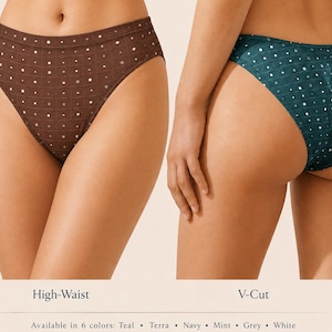 K&ouml;nnte beinhalten: Zwei Unterhosen mit Gittermuster und kleinen Punkten. Das linke Paar ist braun mit hohem Bund, das rechte Paar ist blaugr&uuml;n mit V-Schnitt. Text: High-Waist, V-Cut, Available in 6 colors: Teal, Terra, Navy, Mint, Grey, White.