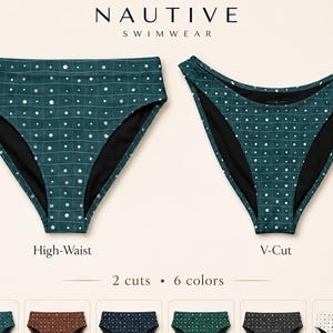 K&ouml;nnte beinhalten: Zwei t&uuml;rkisfarbene Bikinihosen mit wei&szlig;em Gitter- und Punktmuster, beschriftet als High-Waist und V-Cut. Dar&uuml;ber steht NAUTIVE SWIMWEAR. Darunter befinden sich sechs Farbvarianten mit den Bezeichnungen Teal, Terra, Navy, Mint, Grey, White und 2 cuts 6 colors.