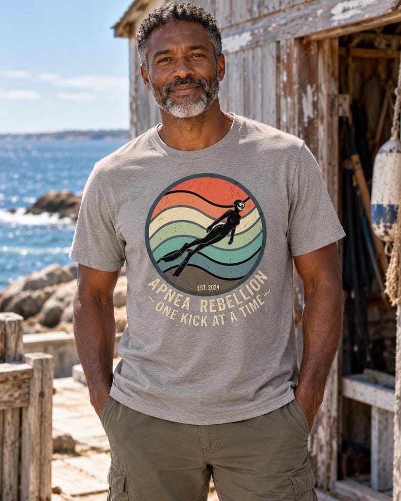 K&ouml;nnte beinhalten: Ein beiges, meliertes Kurzarm-T-Shirt mit einer kreisf&ouml;rmigen Grafik, die einen Retro-Sonnenuntergang mit orangefarbenen, gelben und t&uuml;rkisfarbenen Wellen zeigt. Eine schwarze Silhouette eines Apnoetauchers ist zentriert mit dem Text "APNEA REBELLION EST. 2024 ONE KICK AT A TIME".