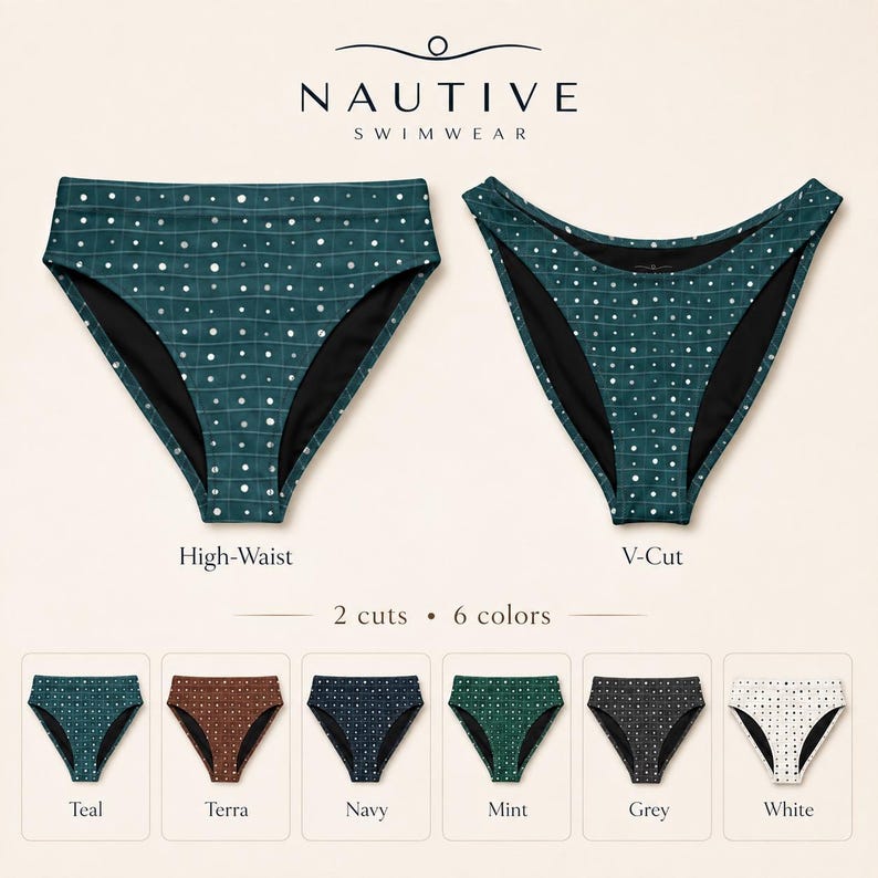 K&ouml;nnte beinhalten: Zwei t&uuml;rkisfarbene Bikinihosen mit wei&szlig;em Gitter- und Punktmuster, beschriftet als High-Waist und V-Cut. Dar&uuml;ber steht NAUTIVE SWIMWEAR. Darunter befinden sich sechs Farbvarianten mit den Bezeichnungen Teal, Terra, Navy, Mint, Grey, White und 2 cuts 6 colors.