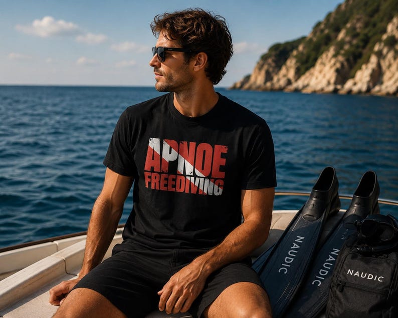 Puede incluir: Una camiseta negra de manga corta con el texto rojo y blanco APNOE FREEDIVING en un dise&ntilde;o gr&aacute;fico desgastado. La camiseta se combina con pantalones cortos negros y aletas de nataci&oacute;n negras de la marca Naudic junto a la prenda.