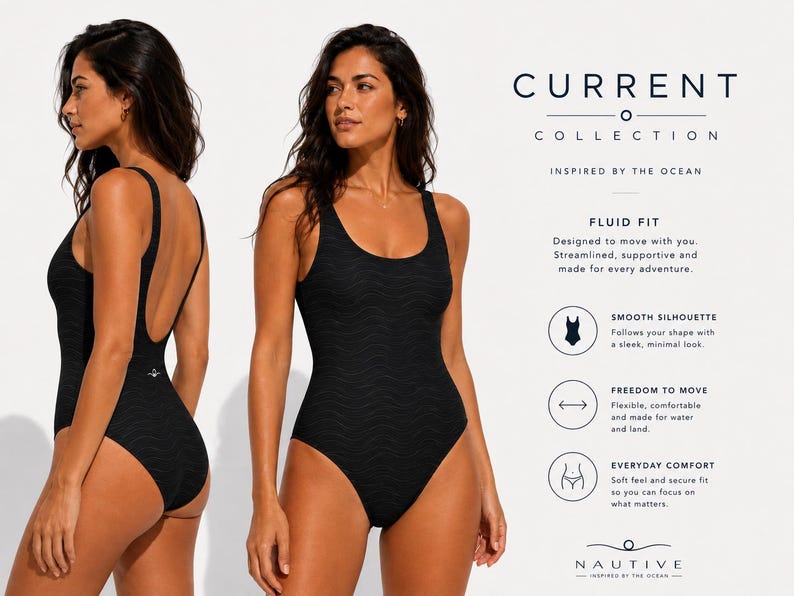 Pode incluir: Um fato de banho preto de uma pe&ccedil;a com um padr&atilde;o de textura ondulada subtil, com decote redondo e design de perna subida. O texto CURRENT COLLECTION INSPIRED BY THE OCEAN FLUID FIT SMOOTH SILHOUETTE FREEDOM TO MOVE EVERYDAY COMFORT NAUTIVE &eacute; vis&iacute;vel.