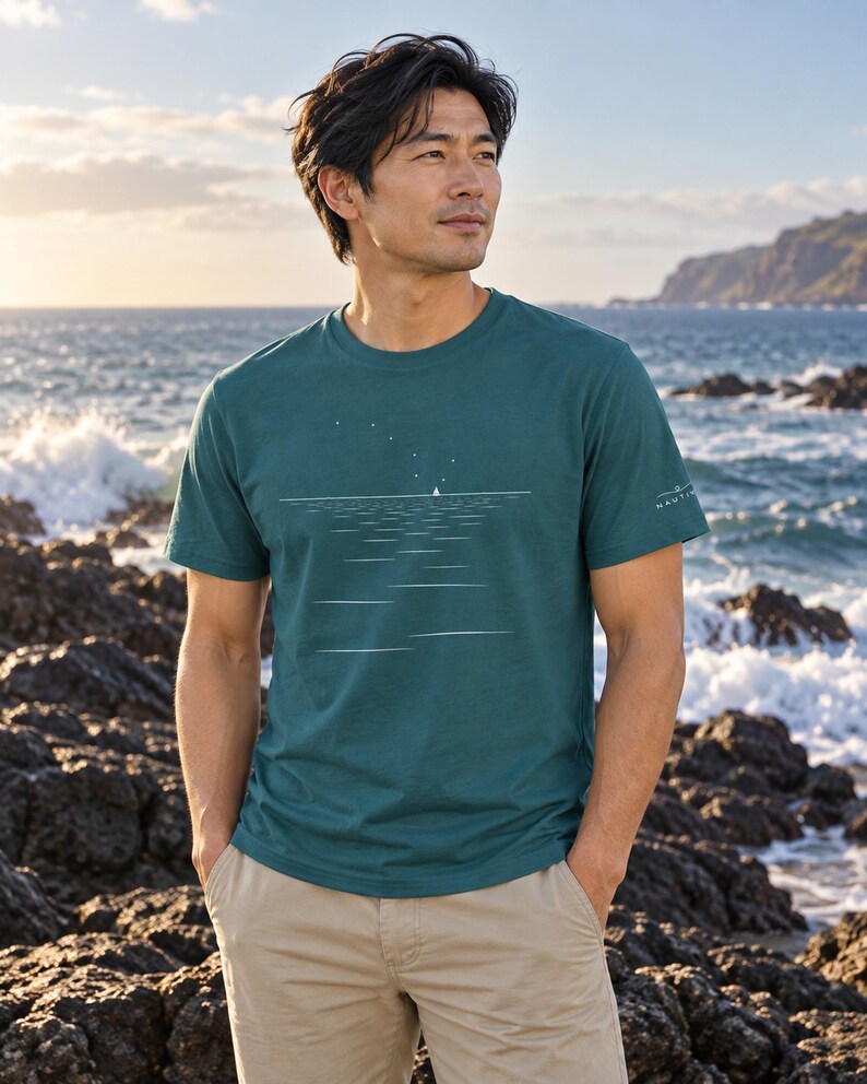 Peut inclure: Un t-shirt &agrave; manches courtes et col rond bleu sarcelle fonc&eacute; avec une impression graphique blanche repr&eacute;sentant une ligne d'horizon, un petit voilier et une constellation d'&eacute;toiles. La manche gauche porte un logo blanc avec le texte NAUTIVIBE.