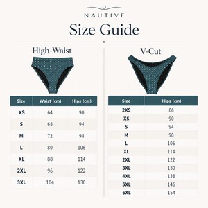 K&ouml;nnte beinhalten: Eine Nautive Gr&ouml;&szlig;entabelle f&uuml;r Badebekleidung mit zwei Stilen: High-Waist und V-Cut Bikinihosen. Die Grafik zeigt einen dunkel-t&uuml;rkisfarbenen Stoff mit wei&szlig;em Punktmuster und enth&auml;lt Tabellen mit Gr&ouml;&szlig;en von XS bis 6XL sowie Taillen- und H&uuml;ftma&szlig;en in Zentimetern.