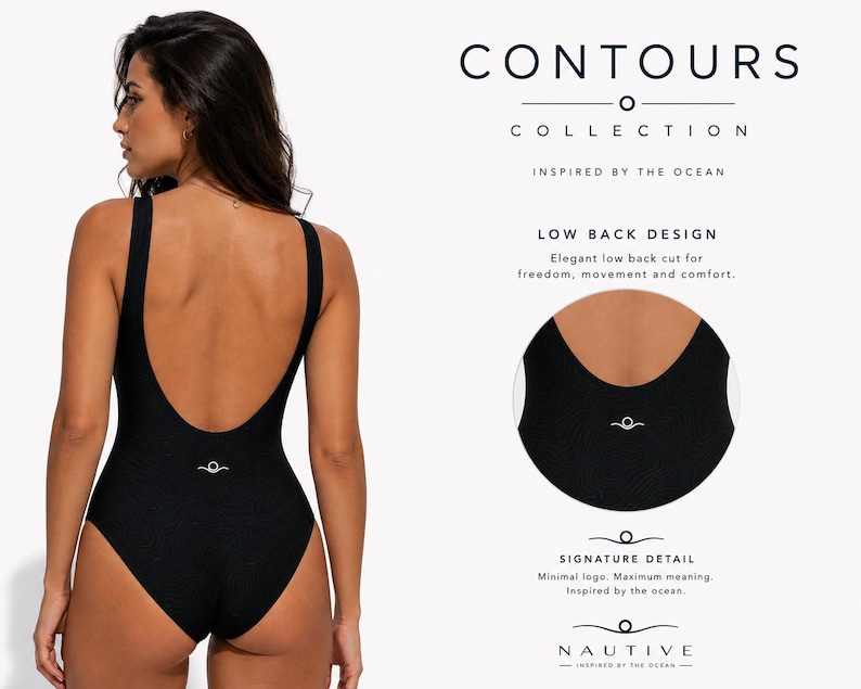 Peut inclure: Un maillot de bain une pi&egrave;ce noir avec un dos &eacute;chancr&eacute; et un petit logo blanc dans le bas du dos. Le texte sur l'image indique CONTOURS COLLECTION, INSPIRED BY THE OCEAN, LOW BACK DESIGN, SIGNATURE DETAIL, et NAUTIVE INSPIRED BY THE OCEAN.