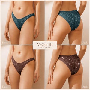 K&ouml;nnte beinhalten: V-Cut Bikini-Unterteile in Blaugr&uuml;n und Braun, jeweils mit horizontalem Streifenmuster und kleinen wei&szlig;en Punkten. Das Design umfasst einen hoch geschnittenen Beinausschnitt und einen V-f&ouml;rmigen Bund. Der Text V-Cut fit NAUTIVE ist mittig.