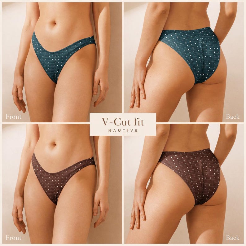 K&ouml;nnte beinhalten: V-Cut Bikini-Unterteile in Blaugr&uuml;n und Braun, jeweils mit horizontalem Streifenmuster und kleinen wei&szlig;en Punkten. Das Design umfasst einen hoch geschnittenen Beinausschnitt und einen V-f&ouml;rmigen Bund. Der Text V-Cut fit NAUTIVE ist mittig.