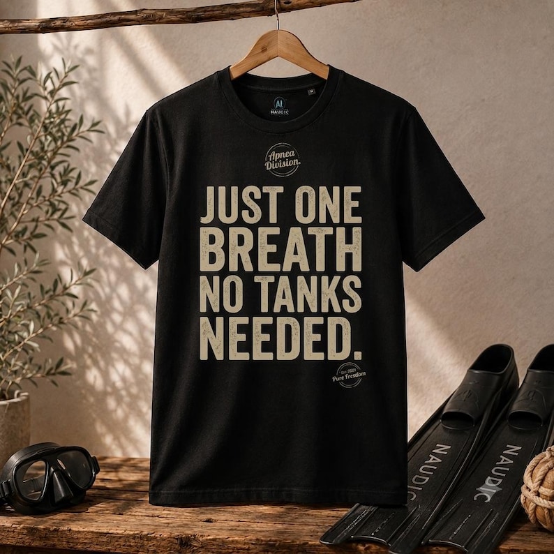 Könnte beinhalten: Ein schwarzes Kurzarm-T-Shirt mit dem beigen Text "JUST ONE BREATH NO TANKS NEEDED." und "Apnea Division" auf der Vorderseite. Das T-Shirt hat einen Rundhalsausschnitt und hängt auf einem Holzkleiderbügel vor einem neutralen Hintergrund.