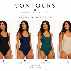 Peut inclure: La collection Contours pr&eacute;sente quatre maillots de bain une pi&egrave;ce dans des couleurs unies : Midnight Black, Midnight Navy, Ocean Green et Sand. Chaque maillot a une encolure d&eacute;gag&eacute;e et une coupe &eacute;chancr&eacute;e. Le texte indique : CONTOURS COLLECTION 4 OCEAN INSPIRED COLORS.