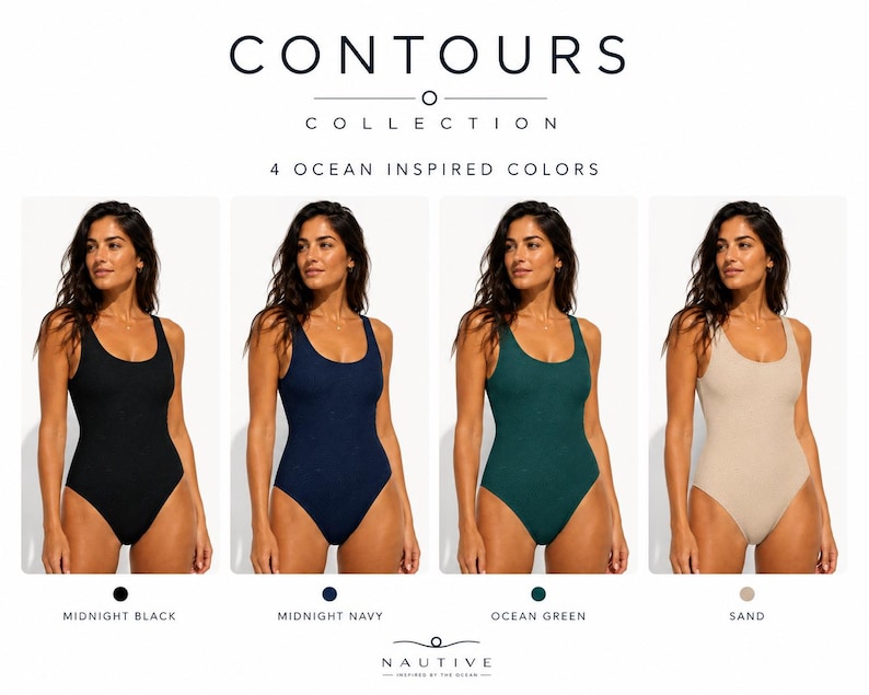 Peut inclure: La collection Contours pr&eacute;sente quatre maillots de bain une pi&egrave;ce dans des couleurs unies : Midnight Black, Midnight Navy, Ocean Green et Sand. Chaque maillot a une encolure d&eacute;gag&eacute;e et une coupe &eacute;chancr&eacute;e. Le texte indique : CONTOURS COLLECTION 4 OCEAN INSPIRED COLORS.