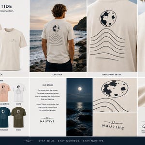 K&ouml;nnte beinhalten: Ein beiges Kurzarm-T-Shirt mit einer schwarzen Grafik aus Mond und Wellenlinien auf der R&uuml;ckseite sowie dem Schriftzug NAUTIVE mit einem kleinen Wellensymbol auf der Brust. Das Design tr&auml;gt den Titel Moon Tide und ist in verschiedenen Farben erh&auml;ltlich.