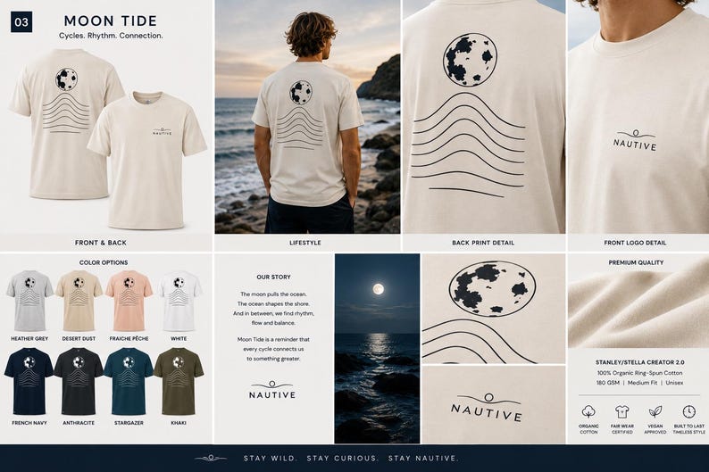 K&ouml;nnte beinhalten: Ein beiges Kurzarm-T-Shirt mit einer schwarzen Grafik aus Mond und Wellenlinien auf der R&uuml;ckseite sowie dem Schriftzug NAUTIVE mit einem kleinen Wellensymbol auf der Brust. Das Design tr&auml;gt den Titel Moon Tide und ist in verschiedenen Farben erh&auml;ltlich.