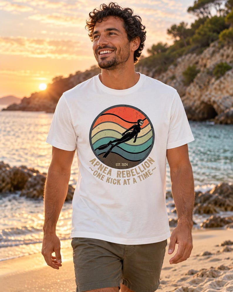 K&ouml;nnte beinhalten: Ein wei&szlig;es Kurzarm-T-Shirt mit einem kreisf&ouml;rmigen Aufdruck, der ein Retro-Sonnenuntergangsdesign, die Silhouette eines Apnoetauchers und den Text "APNEA REBELLION EST. 2024 ~ONE KICK AT A TIME~" zeigt. Dazu eine olivgr&uuml;ne Shorts.
