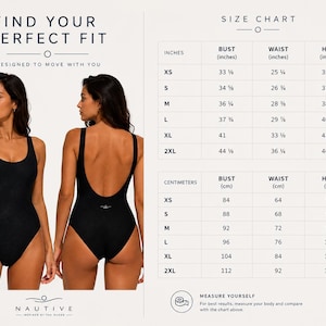 Peut inclure: Un maillot de bain une pi&egrave;ce noir pr&eacute;sent&eacute; de face et de dos, accompagn&eacute; d'un tableau des tailles avec des mesures en pouces et en centim&egrave;tres pour les tailles XS &agrave; 2XL. Le texte indique Find Your Perfect Fit, Size Chart et Nautive Inspired by the Ocean.