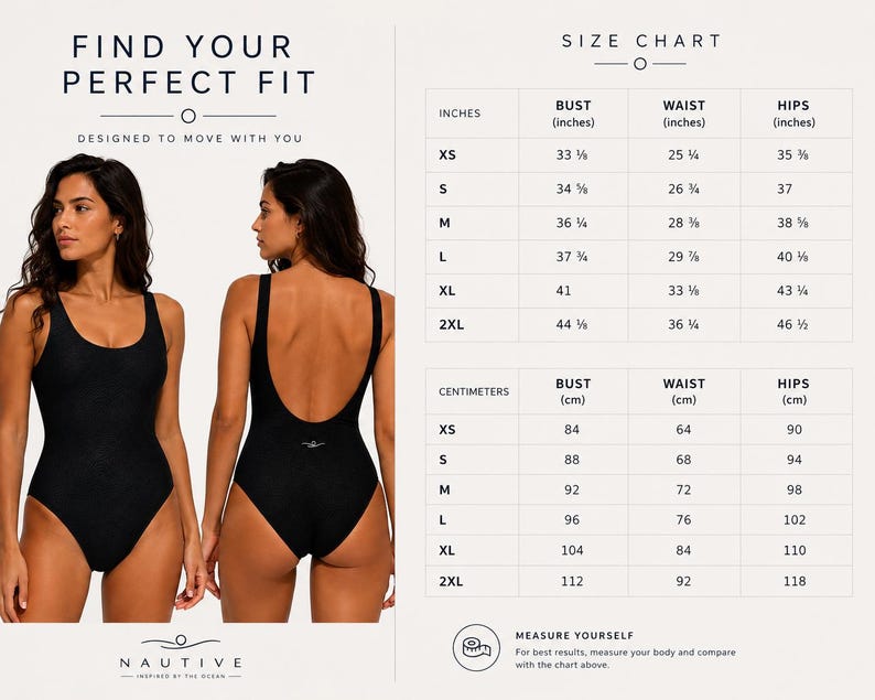 Peut inclure: Un maillot de bain une pi&egrave;ce noir pr&eacute;sent&eacute; de face et de dos, accompagn&eacute; d'un tableau des tailles avec des mesures en pouces et en centim&egrave;tres pour les tailles XS &agrave; 2XL. Le texte indique Find Your Perfect Fit, Size Chart et Nautive Inspired by the Ocean.