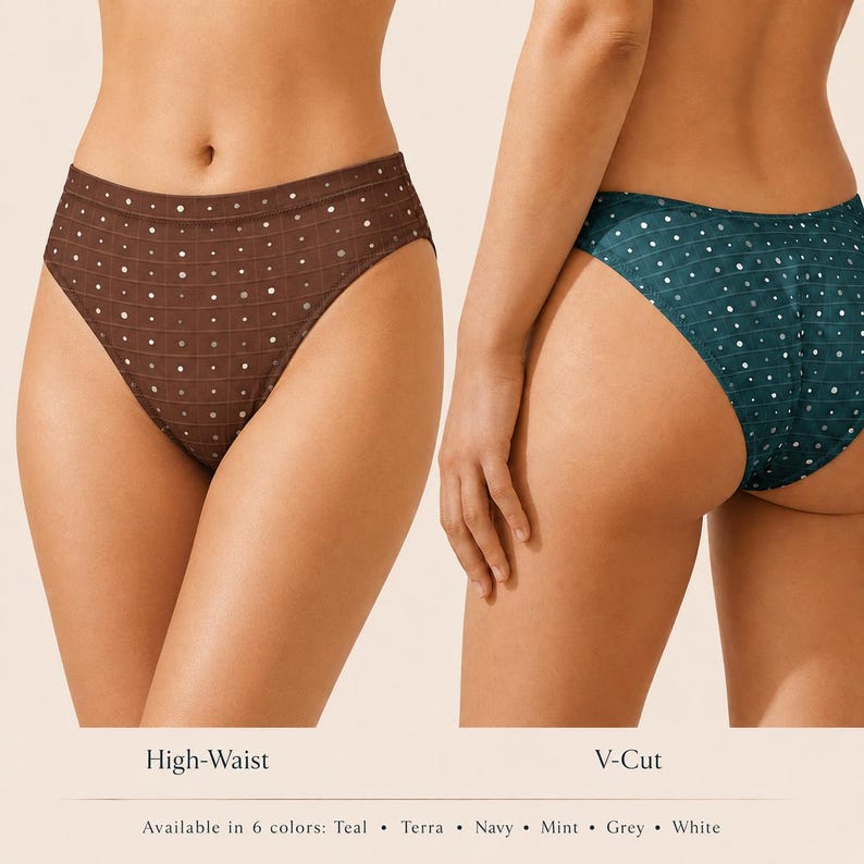 K&ouml;nnte beinhalten: Zwei Unterhosen mit Gittermuster und kleinen Punkten. Das linke Paar ist braun mit hohem Bund, das rechte Paar ist blaugr&uuml;n mit V-Schnitt. Text: High-Waist, V-Cut, Available in 6 colors: Teal, Terra, Navy, Mint, Grey, White.