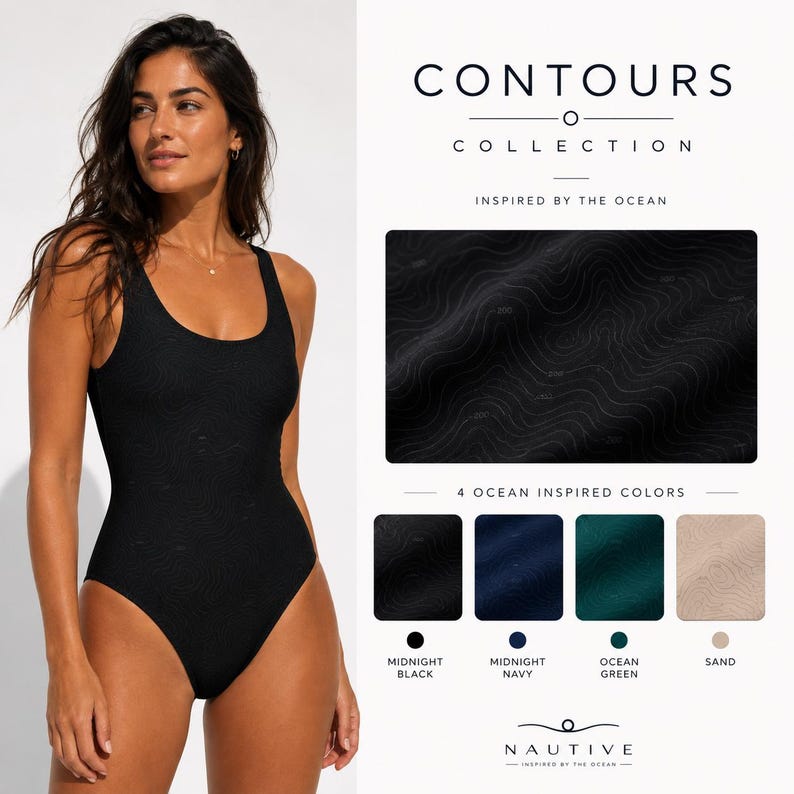 Könnte beinhalten: Ein schwarzer Badeanzug mit einem dezenten topografischen Höhenlinienmuster. Das Bild enthält den Text CONTOURS COLLECTION, INSPIRED BY THE OCEAN, 4 OCEAN INSPIRED COLORS, MIDNIGHT BLACK, MIDNIGHT NAVY, OCEAN GREEN, SAND und NAUTIVE.