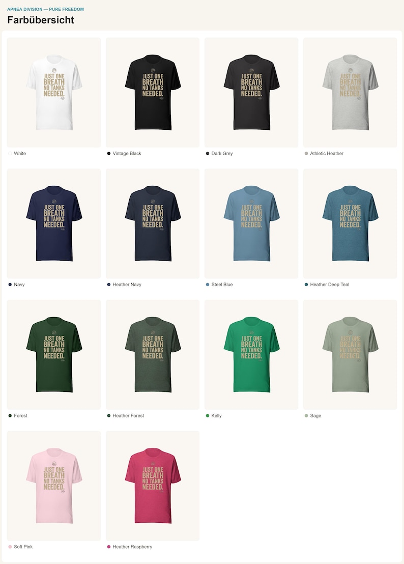May include: A color chart displaying fourteen short-sleeve t-shirts in various shades including white, black, grey, navy, blue, green, and pink. Each shirt features the text 'JUST ONE BREATH NO TANKS NEEDED' printed in a light color on the chest area.