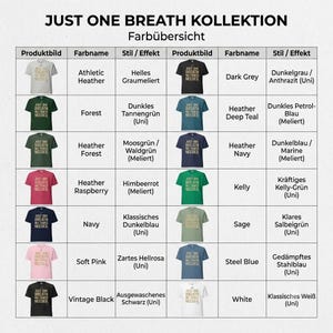 May include: A color chart titled JUST ONE BREATH KOLLEKTION featuring fourteen t-shirts in various colors including athletic heather, forest, heather forest, heather raspberry, navy, soft pink, vintage black, dark grey, deep teal, navy, kelly, sage, steel blue, and white.