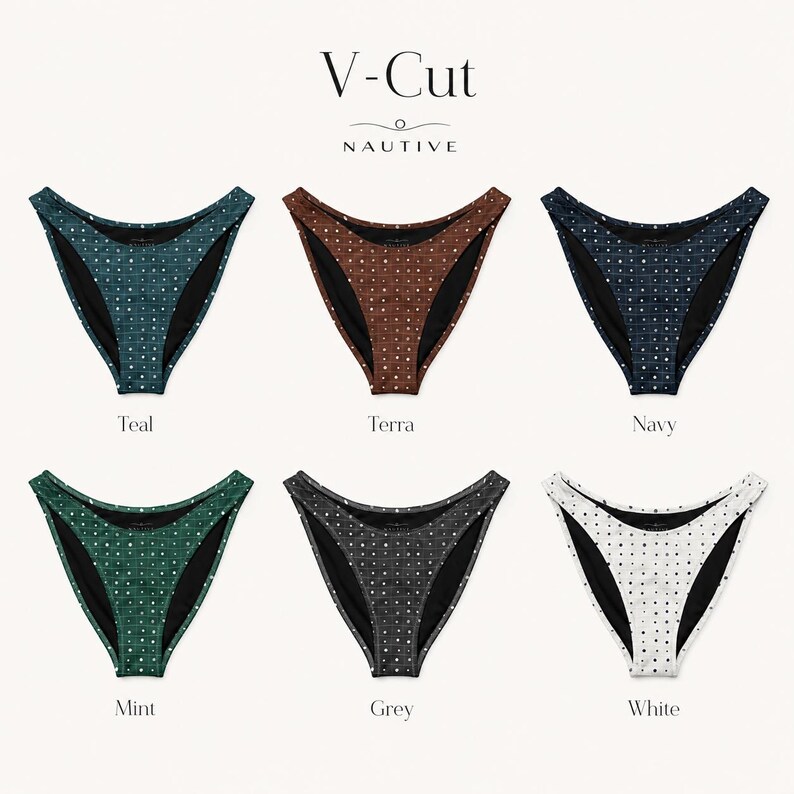 K&ouml;nnte beinhalten: Sechs V-Cut Bikinihosen in zwei Reihen angeordnet, jede mit einem Gitter aus kleinen wei&szlig;en Punkten. Die Farben umfassen Teal, Terra, Navy, Mint, Grey und White. Der Text V-Cut und NAUTIVE steht oben, mit Farbbezeichnungen unter jedem Artikel.