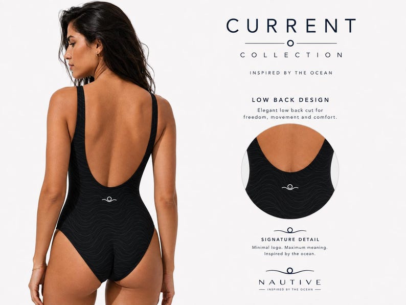 Pode incluir: Um fato de banho preto de uma pe&ccedil;a com uma textura ondulada subtil e um design de costas baixas. A pe&ccedil;a apresenta um pequeno log&oacute;tipo branco na parte inferior das costas. O texto na imagem inclui CURRENT COLLECTION, LOW BACK DESIGN, SIGNATURE DETAIL e NAUTIVE.